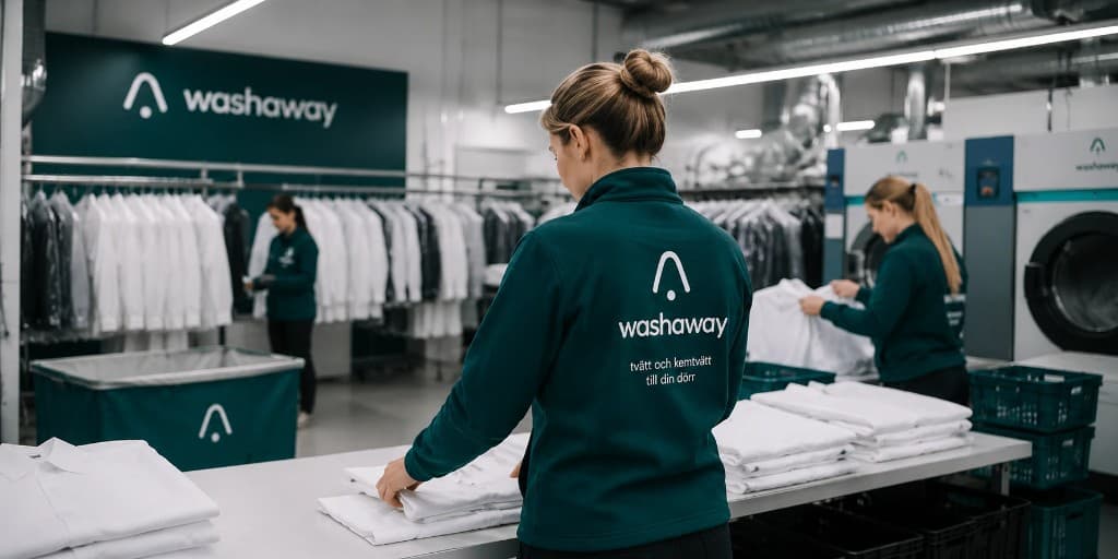Washaways tvätteri där personal viker skjortor vid arbetsbordet