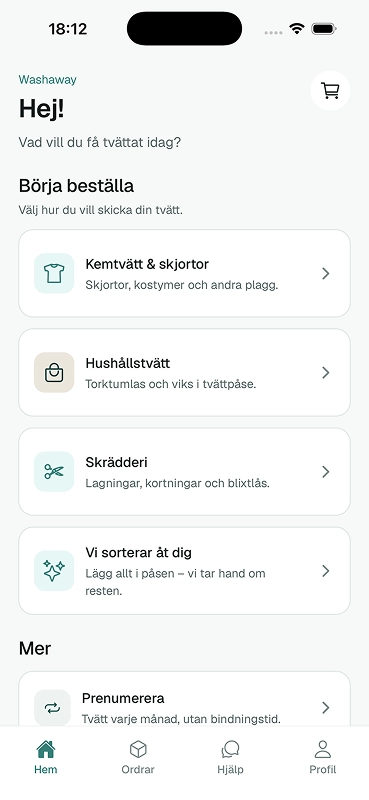 Washaway-appen: startsida med tjänster
