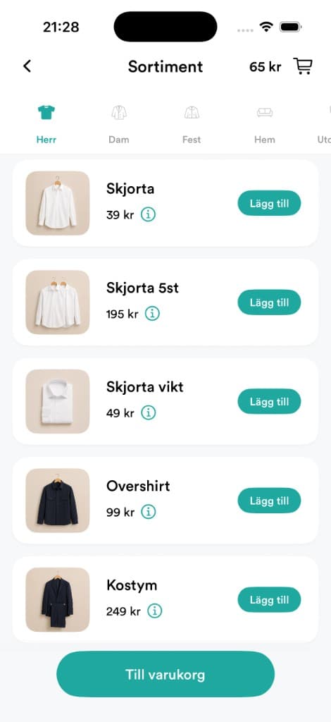 Washaway-appen: sortiment med skjortor och kemtvätt