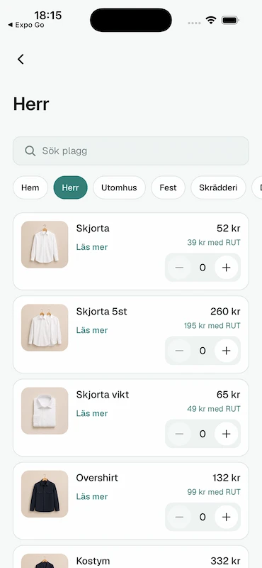 Washaway-appen: sortiment med skjortor och kemtvätt